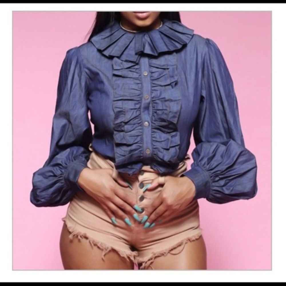 ONE LEFT 🤍🖤 Blue Denim Puff Sleeve Ruffle shirt